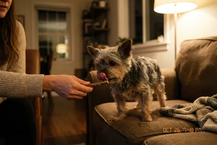 Dog happily licking a dental stick