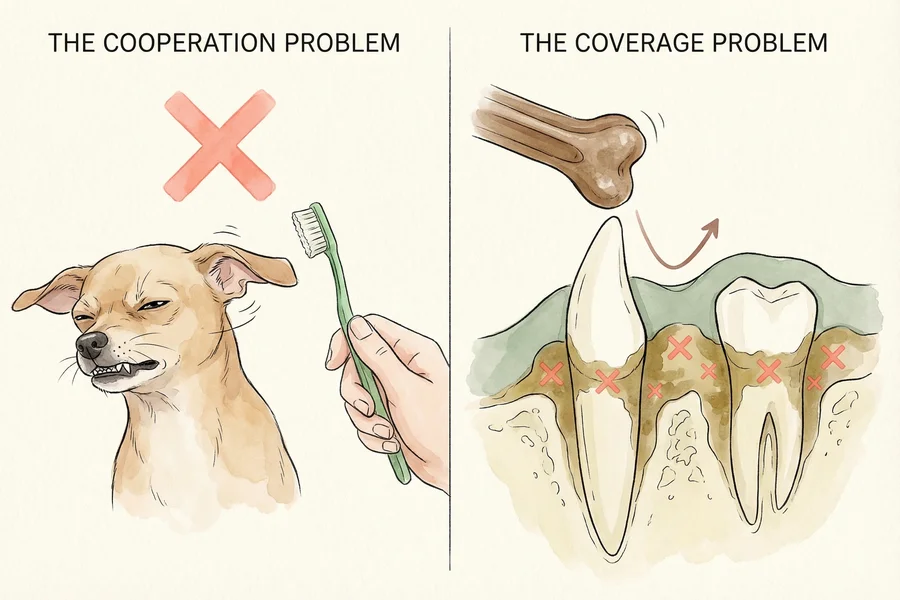 Why brushing and dental chews fail — the cooperation problem and the coverage problem