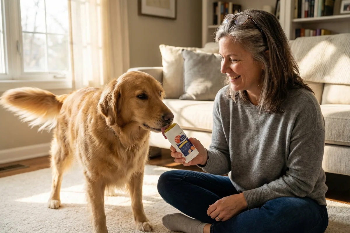 Woman with golden retriever using Glorysmile dental gel stick