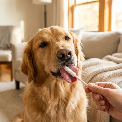 Dog licking the dental stick